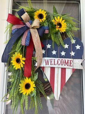 Patriotic Sunflower Welcome Wreath - Red, White, Blue, Yellow